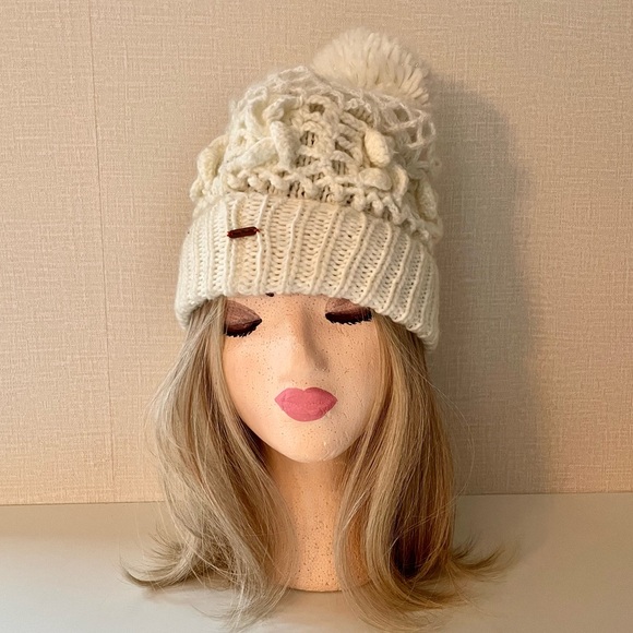 Free People Ladies Knit Winter Hat, Crochet Detail, Cuff Trim, Ivory, Snow Bunny - Picture 3 of 10